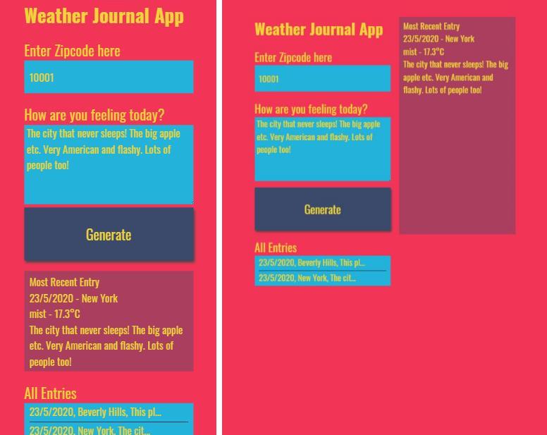 Screen shot of small and medium screen of weather journal app